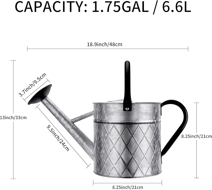 1.75 Gallon Outdoor Galvanized Metal Watering Can for Garden Plants, Vintage Zinc Watering Can with Removable Spray Spout, Ideal for Outdoor Use (Silver)-VerdiqueGarden