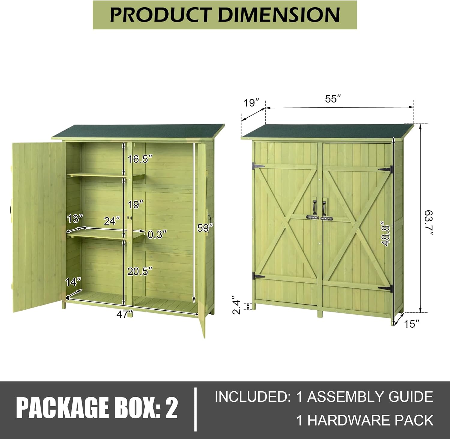 Outvita Outdoor Storage Cabinet with Waterproof Roof, Double Lockable Doors Garden Shed with 2 Removable Shelves, Wooden Storage Shed with Large Storage Space for Yard Garge Patio Deck Porch（Green）-VerdiqueGarden