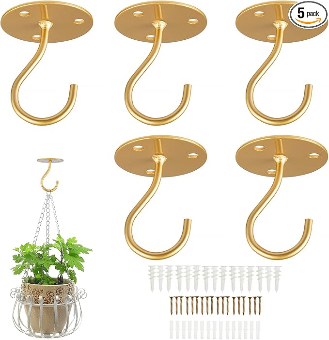 Ceiling Hooks for Hanging Plants- Metal Heavy Duty Wall Mounted Hangers for Hanging Bird Feeders, Planters, Wind Chimes, Include Professional Drywall Anchors (5 Pack) (Bright Gold)-VerdiqueGarden