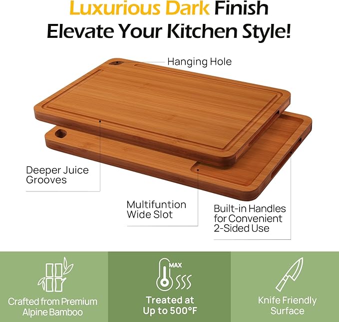 Bamboo Cutting Board, Durable Wood Cutting Boards for Kitchen with Deep Juice Grooves & Built-in Handles, Ideal Charcuterie & Chopping for Meat, Vegetables and Fruits Ideas Kitchen Gift for Home Cooks-VerdiqueGarden