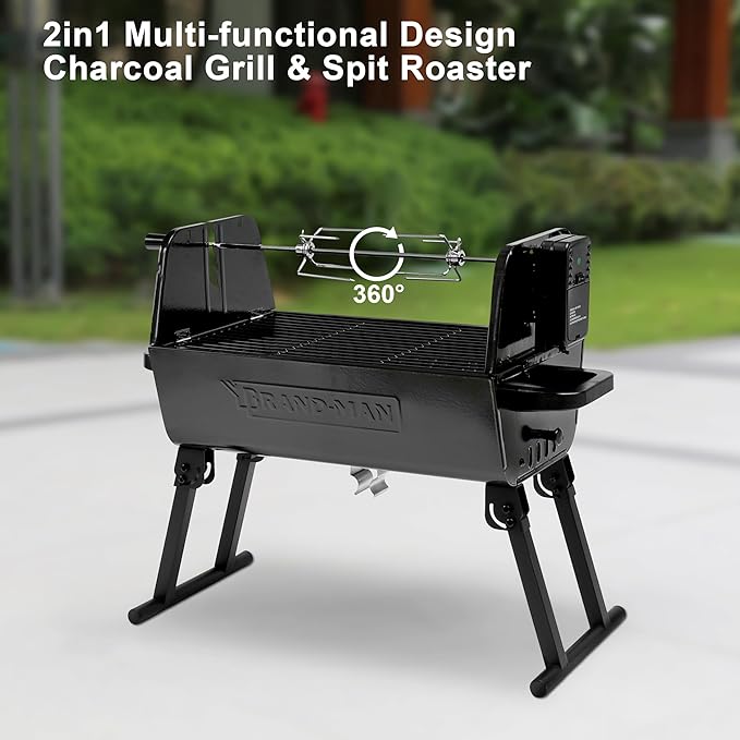 Brand‑Man 2‑in‑1 Charcoal BBQ Grill with Motorized Rotisserie – Portable, Foldable Grill, 257 sq in Outdoor BBQ Grill for Camping & Tailgate, Adjustable Height, Dual Vents-VerdiqueGarden