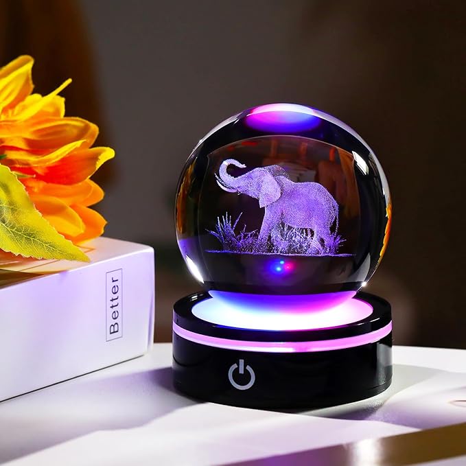 YWHL 3D Elephant Figurine Crystal Ball with Colorful Light Base, Elephant Gift for Women and Men on Christmas or Birthday, 3D Laser Engraved Full Sphere Glass Decorative Ball for Home or Office (80mm)-VerdiqueGarden