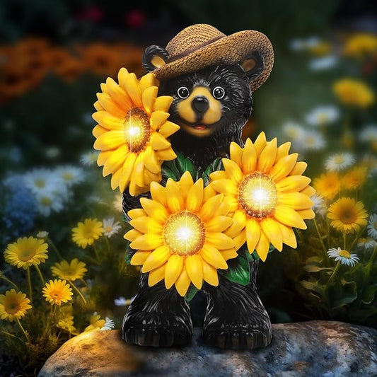 Bear Statue with Sunflowers LED Light 7.2" Solar Lamp Outdoor Garden Patio Yard Porch Lawn Decor Waterproof Resin Black Bear Figurine Unique Garden Gifts for Women Mom Grandma Sister-VerdiqueGarden