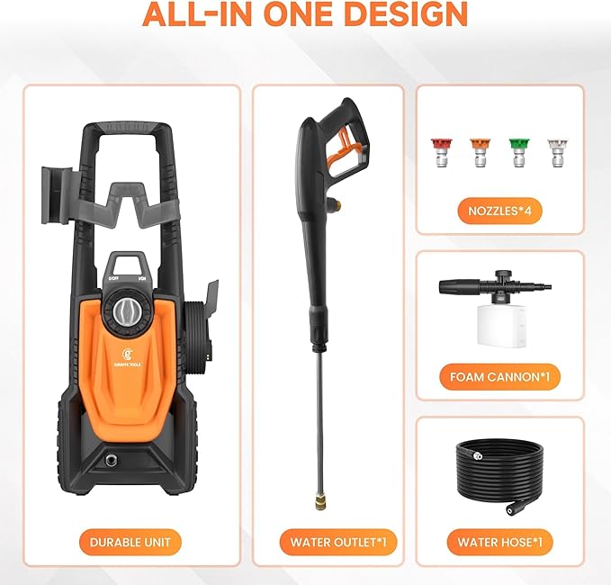 Giraffe Tools Electric Pressure Washer, 2400 PSI 2.3 GPM with 4 Quick-Connect Nozzles, 20FT Hose & Foam Cannon, Powerful Washer for Cars/Road/Driveways/Fences-VerdiqueGarden
