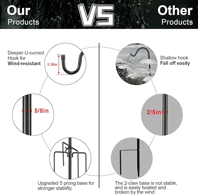 Bird Feeder Pole, 62 Inch & 5/8 Inch Diameter Stainless Steel Heavy Duty Shepherds Hooks for Outdoor to Hang Outdoor Lights with 5 Prongs Base, Rustproof for Garden Decor or Wedding Decors(Black)-VerdiqueGarden