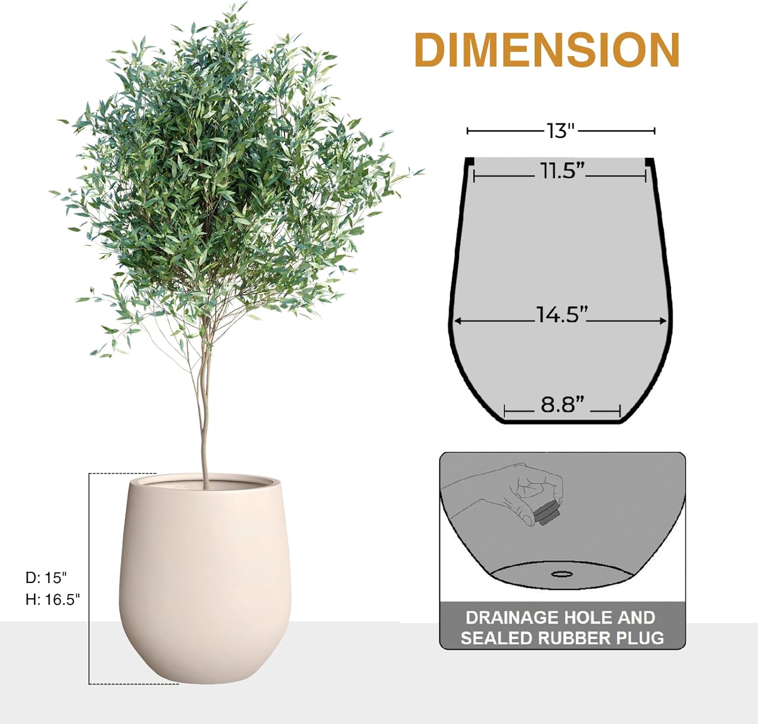 16.5" H x 15" D Corso Fiberstone Round Tapered Planter with Drainage Hole, Smooth Finishes, Weather Resistant for Indoor and Outdoor Use (Kilim Beige, 11.5" Pot Opening)-VerdiqueGarden