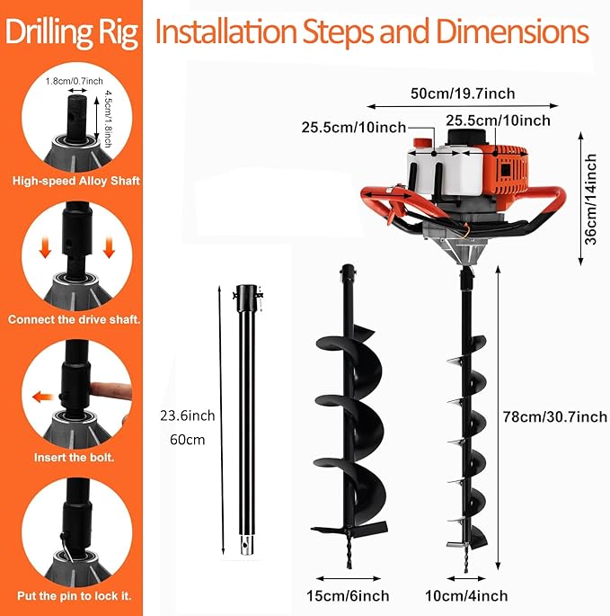 62cc 2.8HP Post Hole Digger Gas Powered, Gas Earth Auger/Ice Auger, with 2 Drill Bits 3"/6"/8" + 3 Extension Bar, One Man Earth Auger for Planting Fence, EPA Compliant Post Hole Auger-VerdiqueGarden