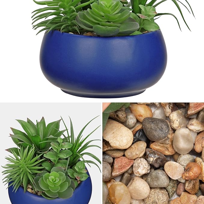 Fake Plants Artificial Succulents in Pots Faux Succulent Arrangement Potted Plant in Blue Ceramic Planter Bowl for Home Decor Office Desk Bathroom Shelf Living Room Indoor Decorations-VerdiqueGarden