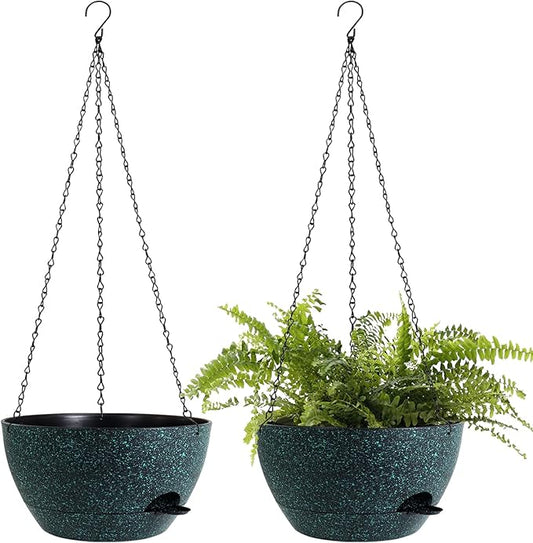 12 Inch Hanging Baskets 2 PC with Chains, Self-Watering Hanging Planters for Indoor Outdoor Plants, Plastic Hanging Flower Pots, Black with Green Speckles-VerdiqueGarden