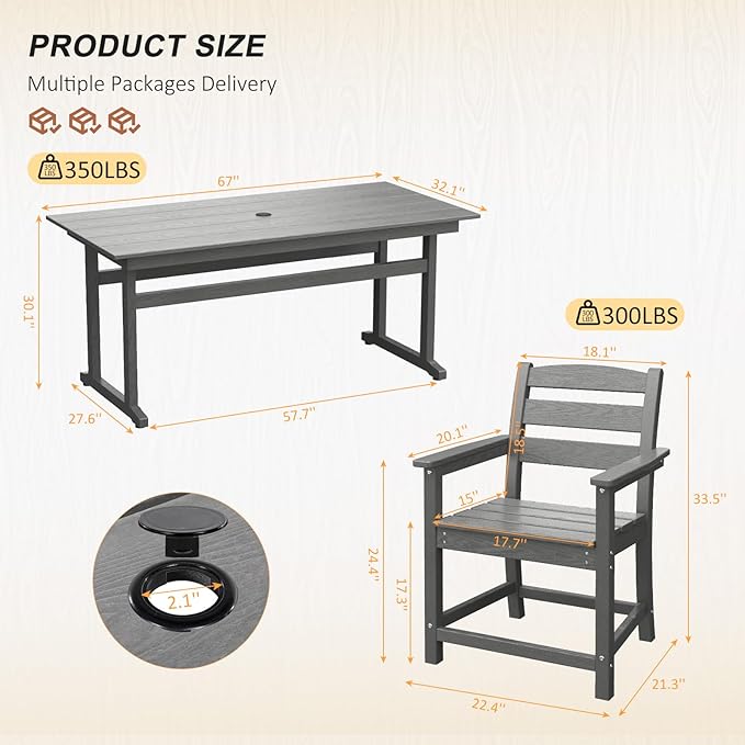 7pcs Outdoor Dining Set, HDPE Patio Dining Set for 6, All-Weather Outdoor Table and Chairs with Umbrella Hole & Adjustable Pads, Modern Patio Furniture Set for Backyard, Poolside &Lawn (Grey)-VerdiqueGarden