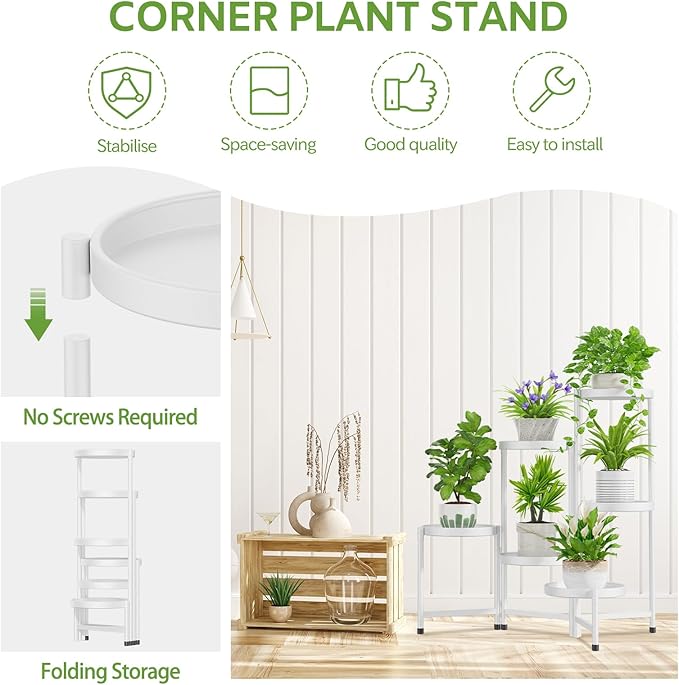 iDavosic.ly 6 Tier Large Plant Stand Indoor with 10 Inch Wide Tray, Tiered Corner Metal Outdoor Flower Display Holder Shelf, Folding Tall Rack for Patio Porch Living Room, White-VerdiqueGarden