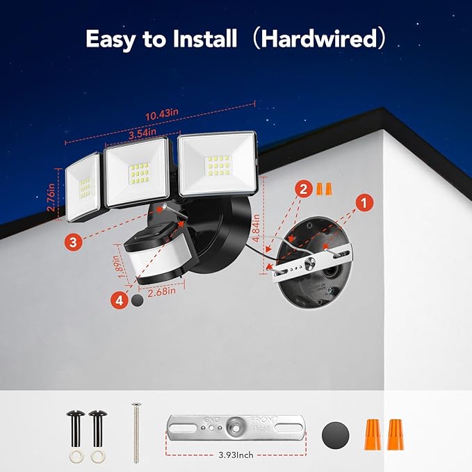OREiN 3500LM/26W Flood Lights Outdoor, 240°/40FT Big Motion Sensor Outdoor Lights Dusk to Dawn Security Lights IP65 Waterproof 3 Modes for Outside 3500SQ.FT Front Door, Garage, Black (Hardwired)-VerdiqueGarden