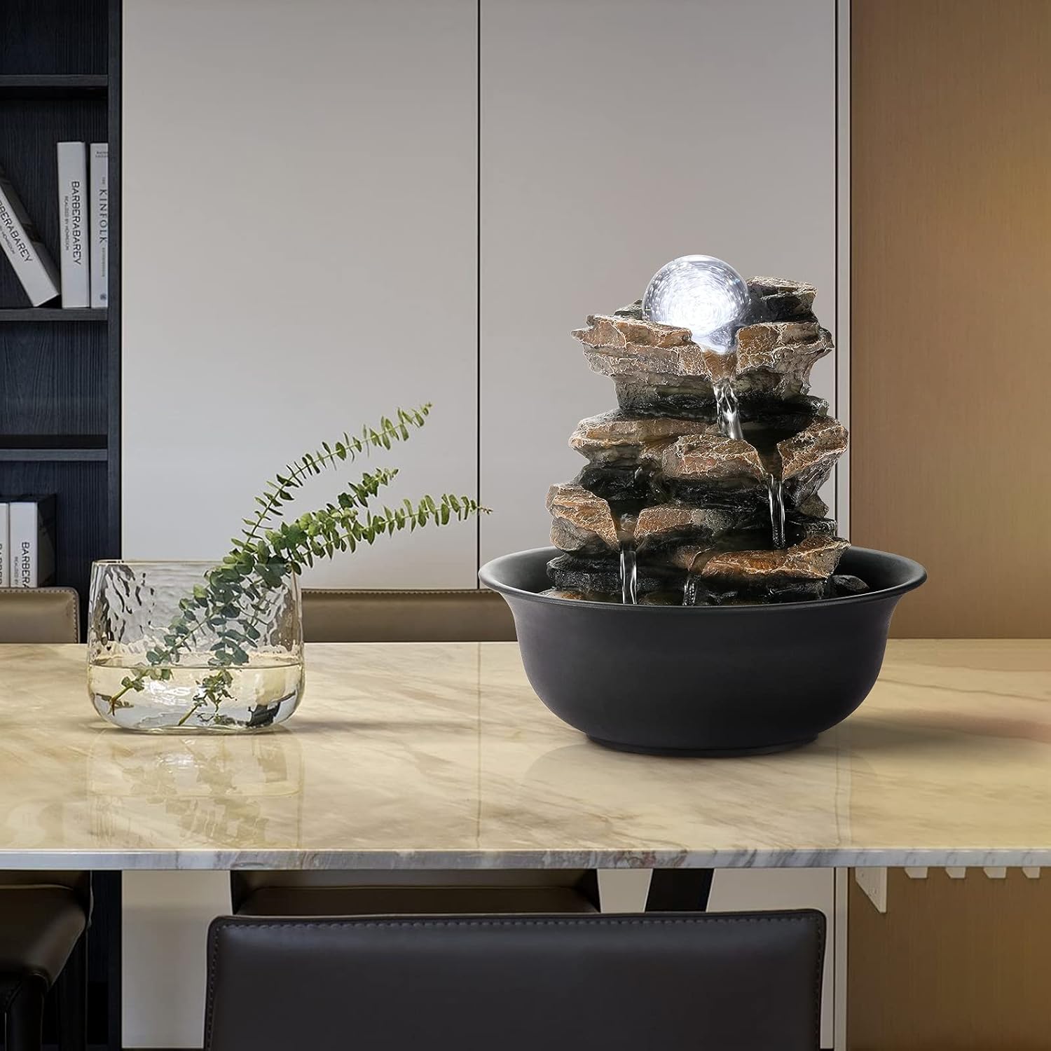 WICHEMI Indoor Fountains Tabletop Fountain Waterfall Fountain Indoor Water Feature Stacked Rocks Feng Shui Zen Meditation Relaxation Desktop Fountain with LED Light for Home and Office Decor(Style 5)-VerdiqueGarden