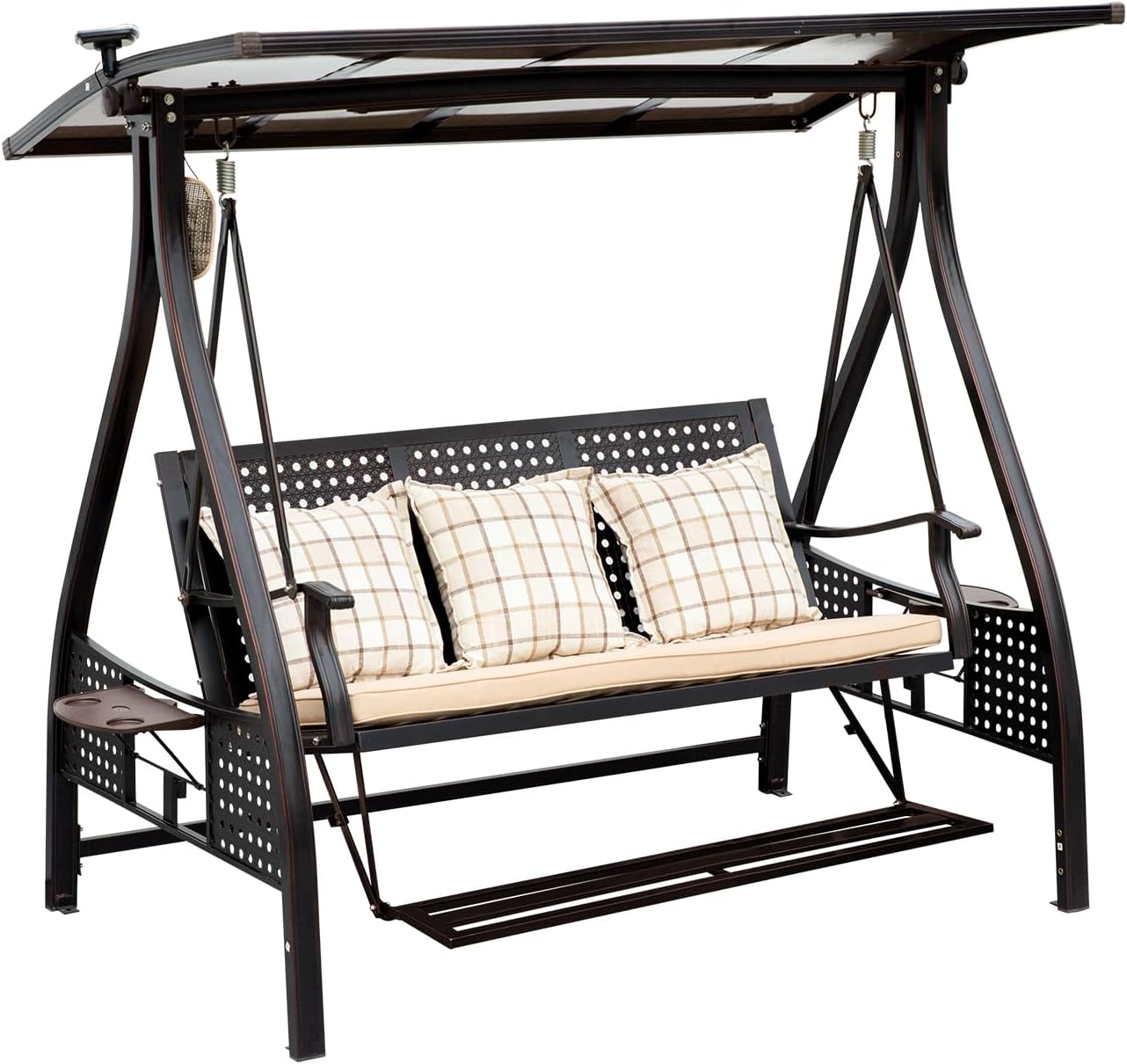 2/3-Seat Outdoor Patio Porch Swing with Adjustable Aluminum Alloy Canopy Solar Patio Swing Chair Bench with Footrest Side Cup Holder for Backyard Lawn (AEBS Red Copper - 3 Seat)-VerdiqueGarden