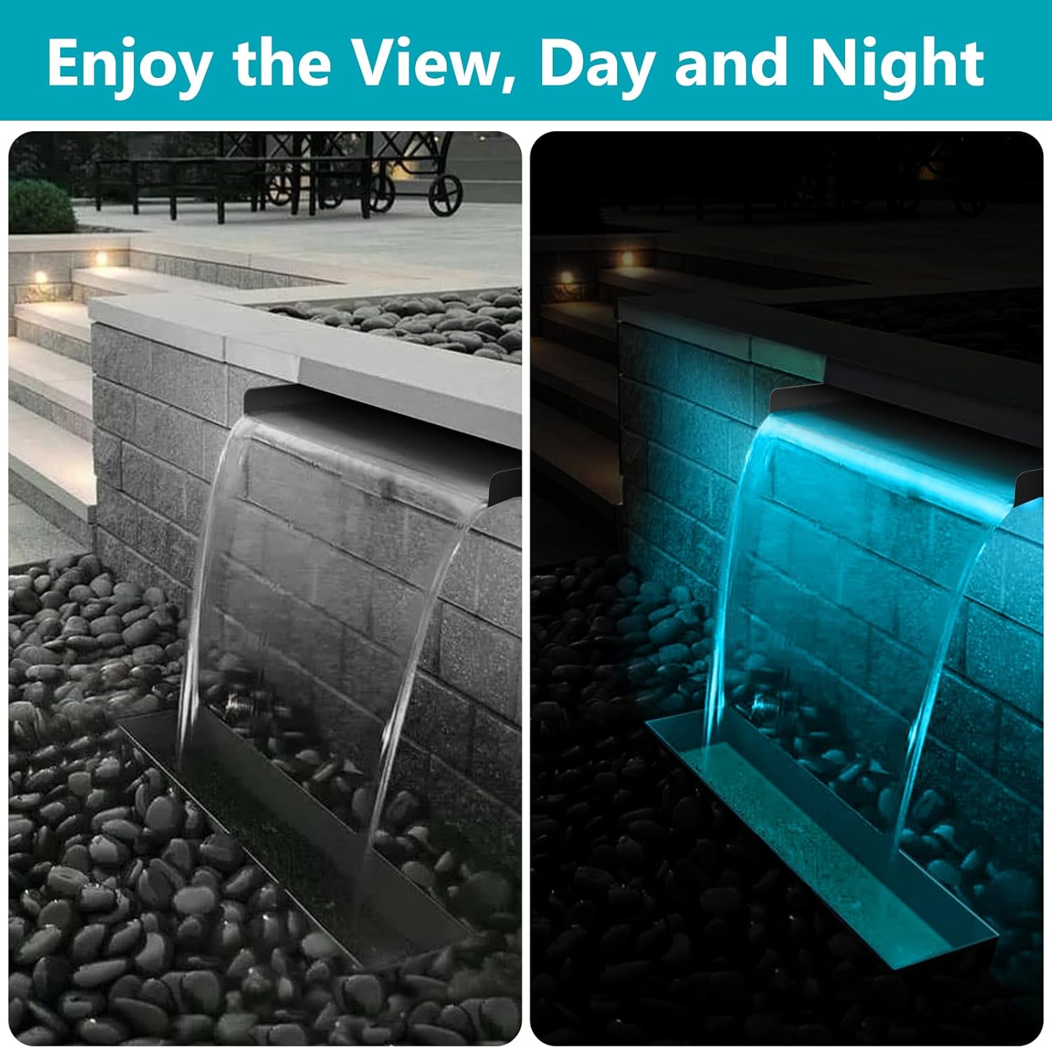 All-in-1 Pond Waterfall Kit with LED Lights, 8 inch Stainless Steel Spillway with 600GPH Water Pump, Outdoor Waterfall Fountain for Water Feature, Garden, Backyard, Pool-VerdiqueGarden