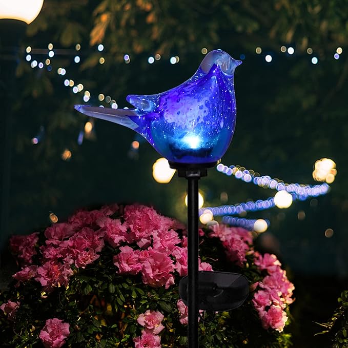 Afirst Solar Bluebird Garden Stake Lights - Hand Blown Glass Decorative Garden Pathway Lights Outdoor Waterproof Bird Glass Stakes-VerdiqueGarden