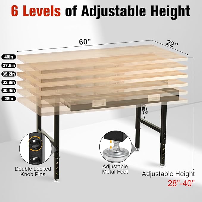 60" Workbench with Drawers, Work Benches for Garage with Strip Light, Adjustable Work Table with Large Pegboard, 2000 LBS Heavy Duty Table with Power Outlet Rubber Wood for Garage, Office-VerdiqueGarden