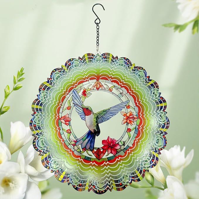 Metal Wind Spinners - Hummingbird 12 inch 3D Stainless Steel Hanging Wind Spinner Metal, Gifts for Women Mom Grandma Wife, for Indoor/Outdoor Decor, Yard Art, Garden Decoration-VerdiqueGarden