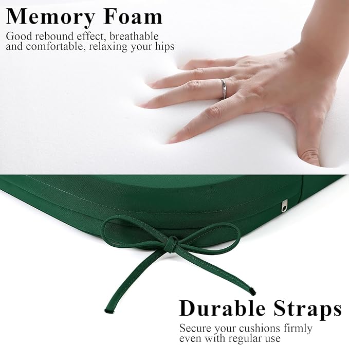 Outdoor Chair Cushions Set of 2, Waterproof Foam Patio Seat Cushions with Ties for Garden Sofa & Dining Furniture, 3-Year Color Fastness, 18x18x3 Inch, Green-VerdiqueGarden