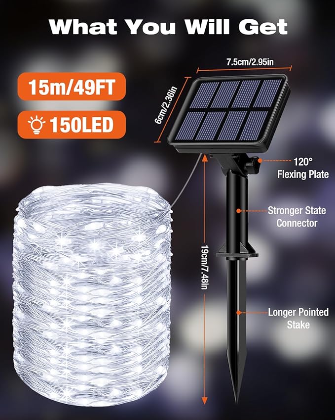 1 Pack Solar Fairy Lights for Outside Waterproof, 49FT/15M 150LED Solar String Lights Outdoor 8 Modes Solar Twinkle Lights for Garden Yard Christmas Tree Wedding Party Decor, Cool White-VerdiqueGarden