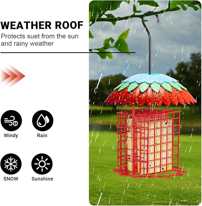 Suet Feeder Double with Weather Guard & Ant Moat, Skaithee Bird Feeders for Outdoors Hanging with 2 Holders Keep Cakes Clean & Fresh Attracts Wild Birds Great for Woodpecker & Clinging Birds, Red-VerdiqueGarden