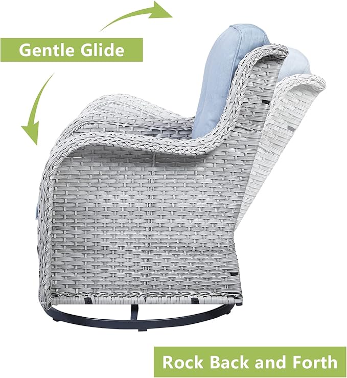 Outdoor Patio Swivel Rocker Chairs - 3 Piece Patio Bistro Set,Wicker Patio Furniture Set with 2 Swivel Rocking Chairs and 1 Glass Top Side Table for Deck Porch Garden,Light Grey/SkyBlue-VerdiqueGarden