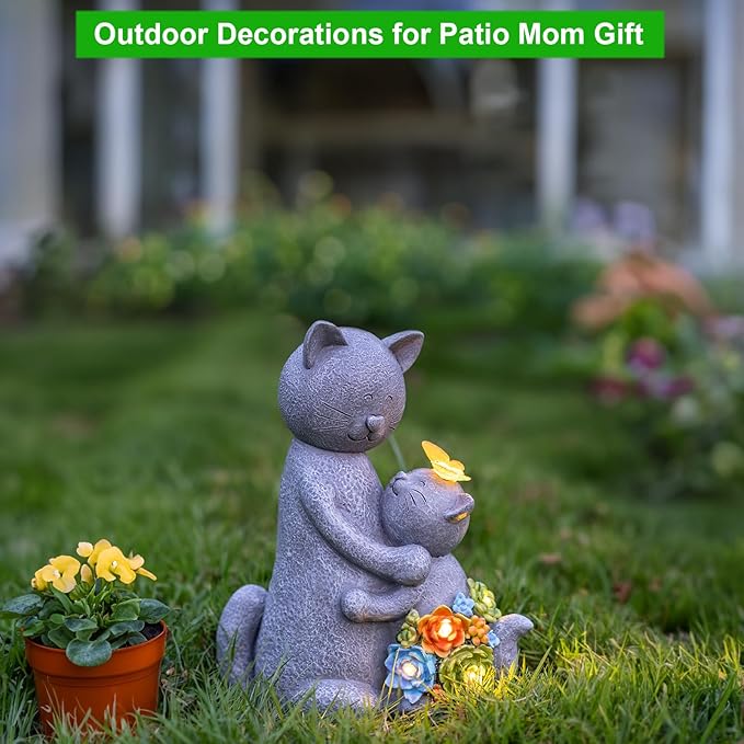 Solar Garden Statues Loving Cat Figurine Lights for Outside, Yard Decorations Outdoor, Garden Christmas Decor Unique Birthday Housewarming Gifts for Mom, Women-VerdiqueGarden