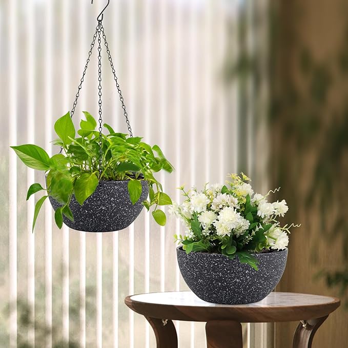 10 inch Hanging Planters for Indoor Outdoor Plants, 2 Pack Hanging Flower Plant Pots with Drainage Holes and Chain for Garden Porch, Plastic Hanging Baskets for House Plants, Speckled Black-VerdiqueGarden