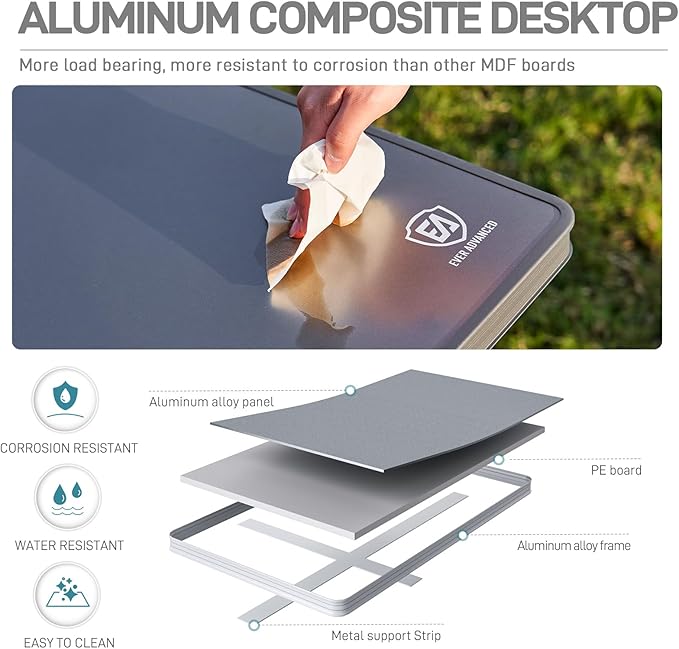 EVER ADVANCED Large Camping Table for 4-6 Person, Portable Folding Aluminum Table with Carrying Handle, Suitable for BBQ, Picnic, Camping and Indoor Use, Support up to 130LBS, Gray-VerdiqueGarden