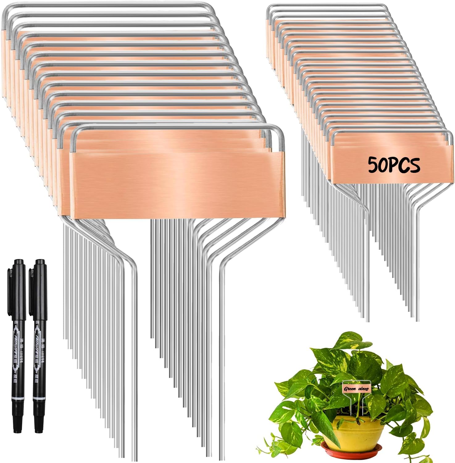 50 PCS Metal Plant Label Stakes Copper Metal Plant Tags 4 Inch Metal Garden Markers Waterproof Copper Plant Metal Labels with 2 Maker Pen for Flowers Garden Plant Vegetables Seedlings, Gold-VerdiqueGarden