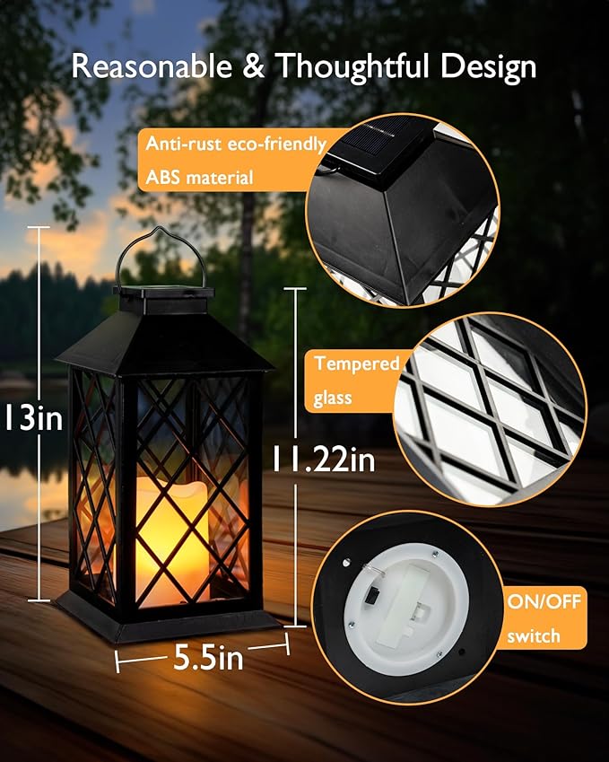 Homemory Solar Lanterns Outdoor Waterproof Hanging with Flickering Flameless Candles, 2 Pack 13'' Garden Outdoor Lantern Decorative for Patio Front Porch Backyard Balcony Cabin Outside Table(Black)-VerdiqueGarden