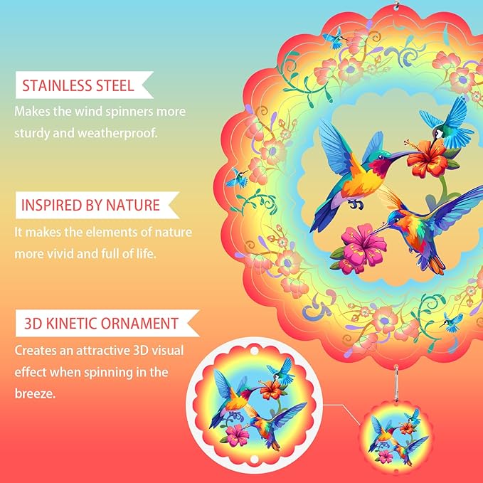 Hummingbirds Metal Wind Spinners Hummingbird Gifts for Mom Women Grandma,12inch Hanging Wind Spinner for Outdoor&Indoor Decor Wind Kinetic Ornament for Yard Garden Decoration-VerdiqueGarden