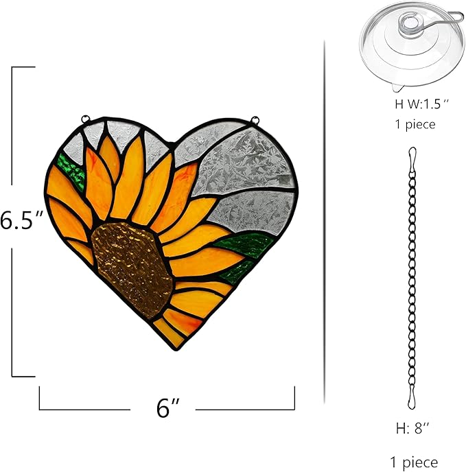 BOXCASA Sunflower Stained Glass Window Hangings,Sunflower Stained Glass Suncatcher,Heart Shape Sunflower Best Teacher Gifts for Women Birthday,Sunflower Decoration for Home Indoor Window-VerdiqueGarden