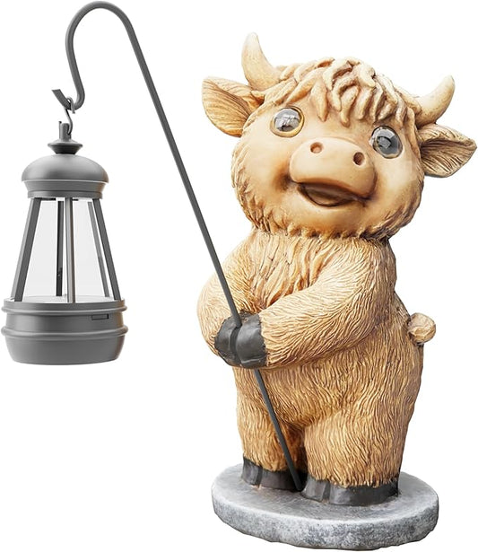 Highland Cow Statues with Solar Lights, Highland Cow Resin Figurine Lights, Highland Cow Ornaments for Patio, Balcony, Indoor Decoration and as Gifts-VerdiqueGarden