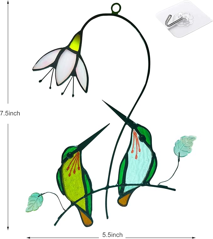 Hummingbird with Flower Stained Glass Suncatcher Bird Stained Glass Window Hangings Hummingbird Gift for Women Home Decor-VerdiqueGarden