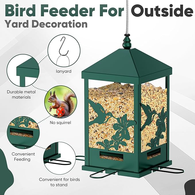 Squirrel Proof Bird Feeders for Outdoors, 6LBS Extra Large Capacity Hanging Metal Bird Feeder with Weight-Activated Perches, Wild Bird Feeders for Outside Finch, Cardinal, Blue Jay-VerdiqueGarden