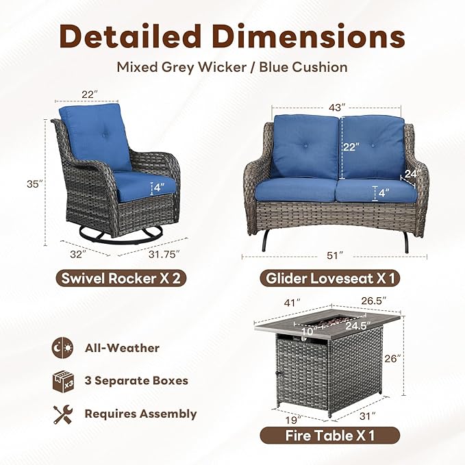 4 Piece Patio Furniture Set with Fire Pit Table - 41inch 50000 BTU Propane Fire Pit Table with High Back Loveseat Glider Chair and 2 Swivel Rocker Chair for Casual Gathering-VerdiqueGarden