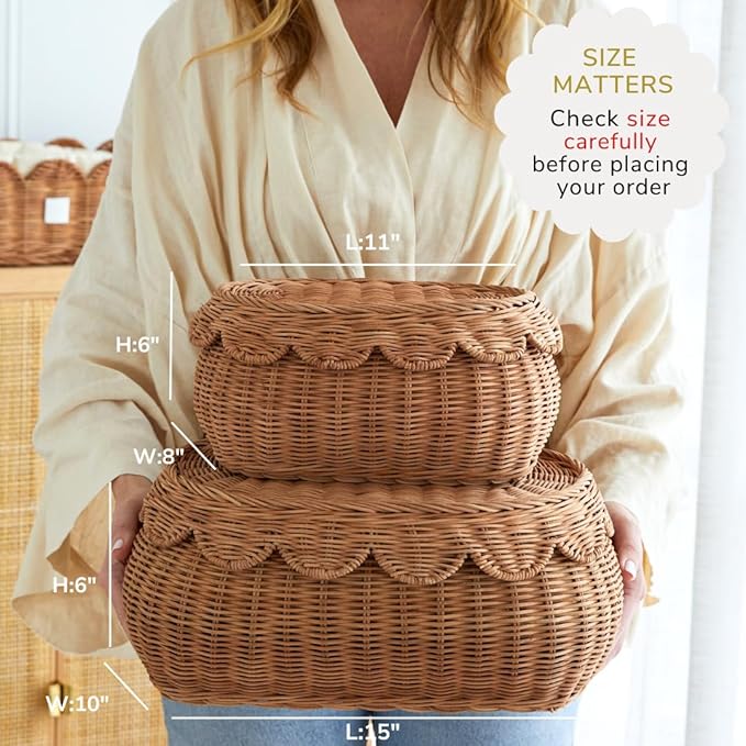 BEBE BASK The Original Scalloped Basket Set Of 2 - Small Scallop Basket - 15 x 10 x 6 In - Hand-Woven & Award-Winning - Elegant Wicker With Scalloped Edge Lid - Nursery Storage - (Mocca)-VerdiqueGarden