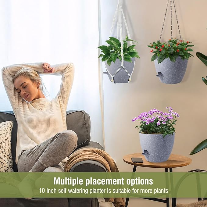 Self Watering Hanging Planters 10 inch, 2 Pack Hanging Flower Pots for Indoor Outdoor Plants, Hanging Baskets with Drainage Holes & 2 Kinds of Plant Hangers for Garden Decor, Speckled Grey-VerdiqueGarden