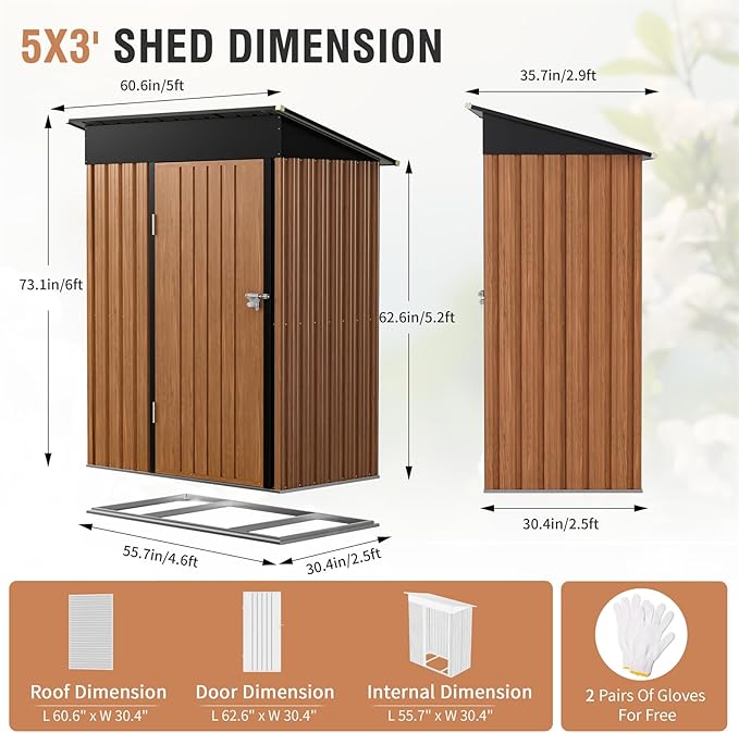 5x3 Ft Storage Shed, Outdoor Metal Shed with Floor Base& Lock, Small Lean to Shed, Compact Vertical Outside Bike Tiny House for Garden, Backyard, Patio, Tool-VerdiqueGarden
