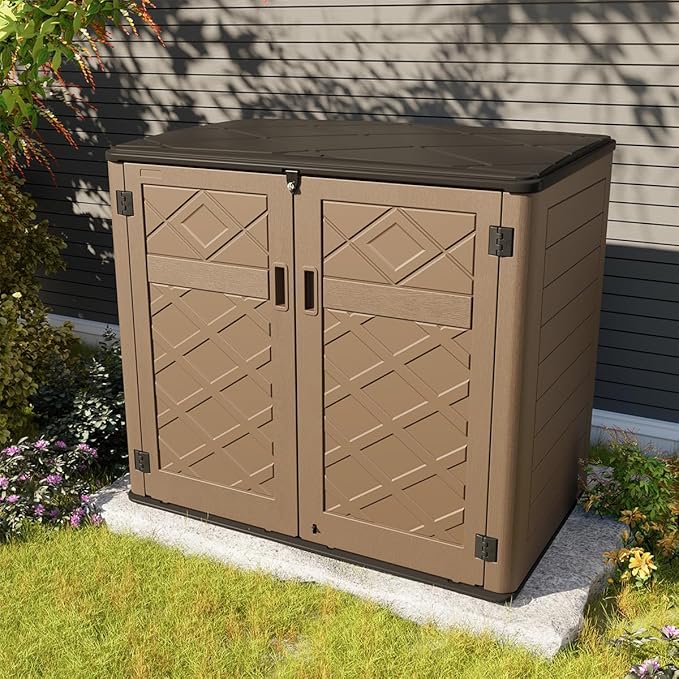 KINYING Larger Outdoor Storage Shed Weather Resistance, Resin Sheds & Outdoor Storage for Garden, Patios, Backyards, 48 Cu.Ft Tool Shed for Garbage Cans, Lawn Mower, Garden Tools,Brown-VerdiqueGarden