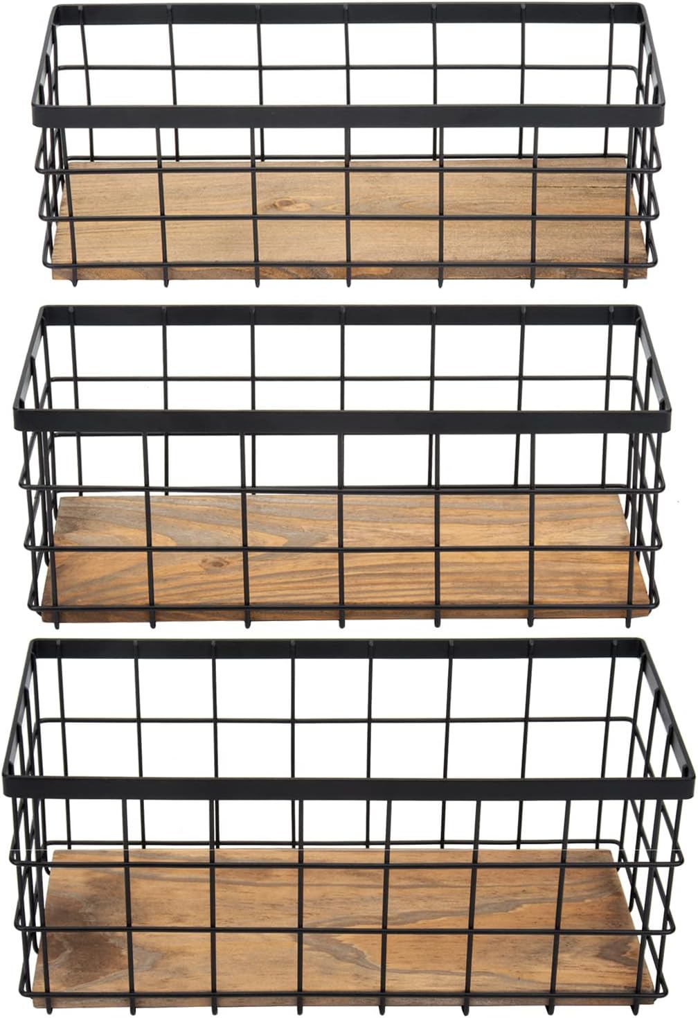 TIEYIPIN Farmhouse Decor Metal Wire Storage Baskets, Wood Base Containers Organizing Basket Caddy Bin for Kitchen Cabinets, Bathroom, Pantry, Garage, Laundry Room, Closets - Small - Black (Set of 3)-VerdiqueGarden