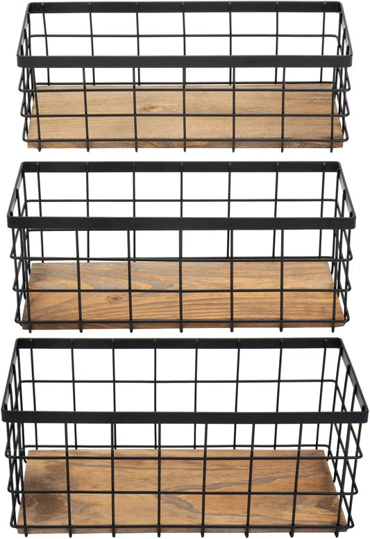 TIEYIPIN Farmhouse Decor Metal Wire Storage Baskets, Wood Base Containers Organizing Basket Caddy Bin for Kitchen Cabinets, Bathroom, Pantry, Garage, Laundry Room, Closets - Small - Black (Set of 3)-VerdiqueGarden