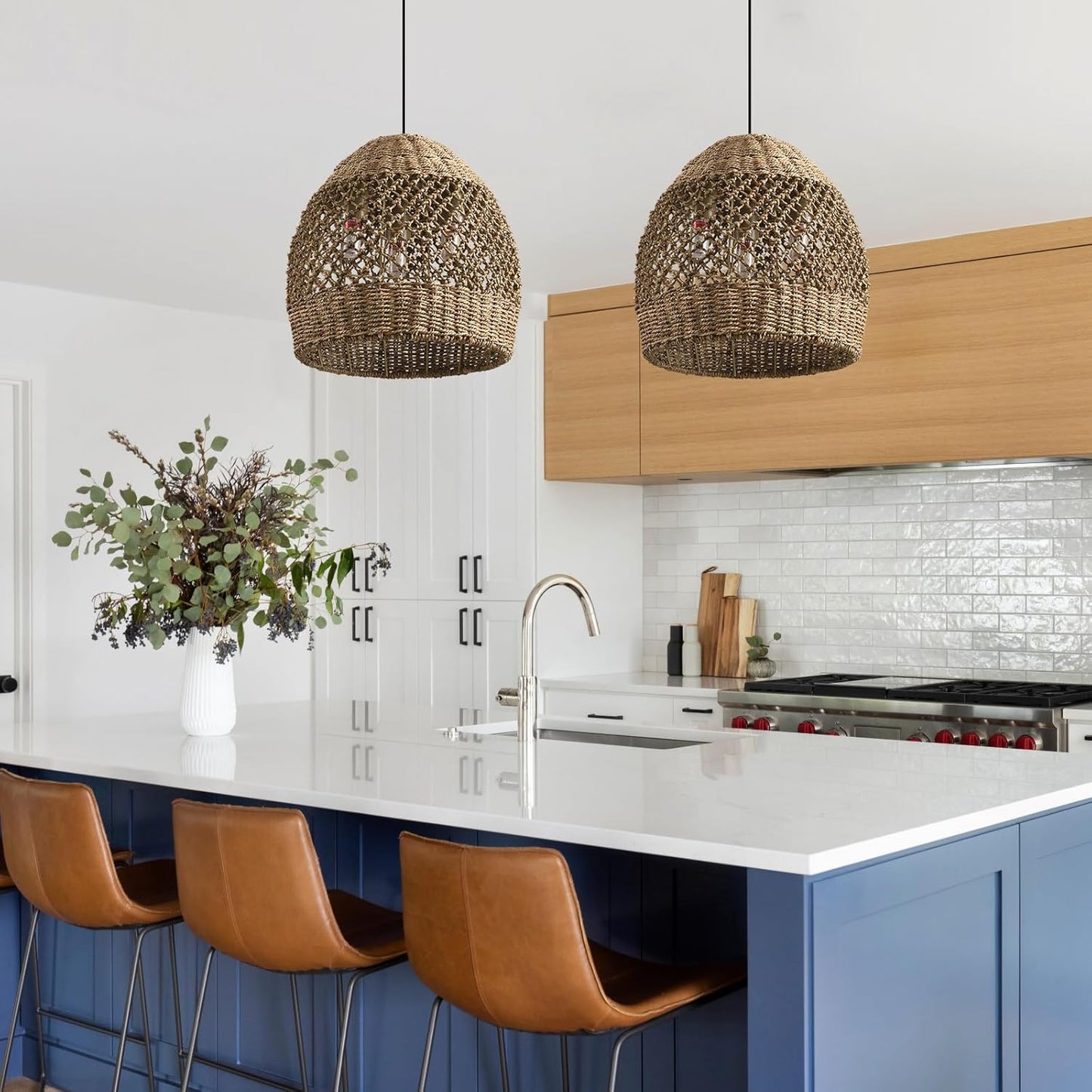 Rattan Pendant Fixtures, 13.39" Boho Wicker Chandelier,3-Light Hand-Woven Seagrass Ceiling Hanging Lights for Kitchen Islands, Dining Rooms, and Farmhouses.-VerdiqueGarden