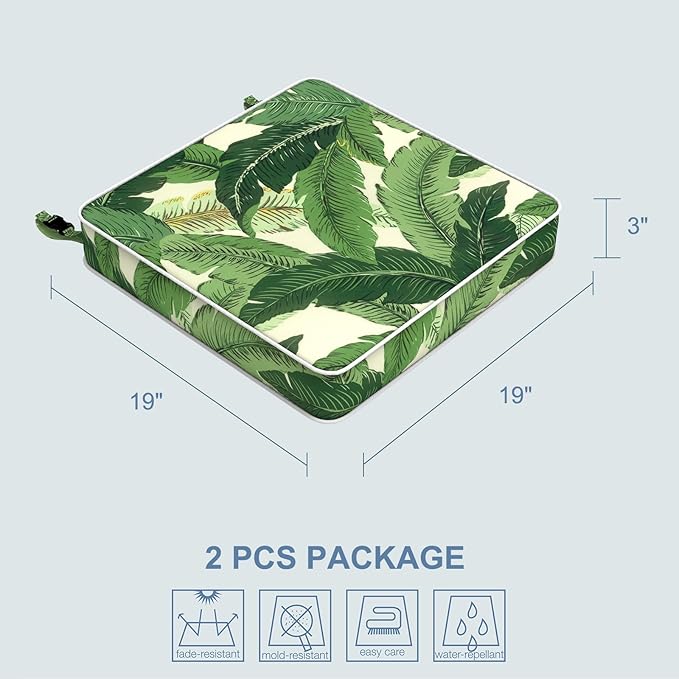 LVTXIII Patio Chair Cushions 19"x19"x3", Water-Repellent Outdoor Seat Cushions for Patio Furniture, Square Chair Pads with Ties for Home Garden Decoration, Set of 2, Swaying Palms Green-VerdiqueGarden