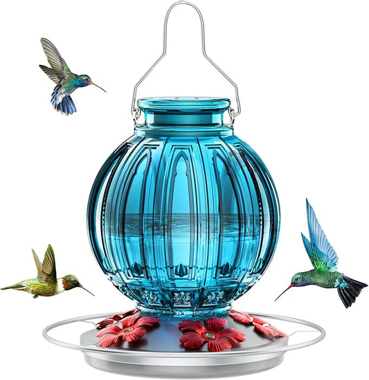 Glass Hummingbird Feeder for Outdoors Hanging, 26Oz Bird Nectar Feeder with Perch & 5 Flower Feeding Ports, Leak Proof for Outside Garden Decor Backyard, Gifts for Women Mom, Blue-VerdiqueGarden