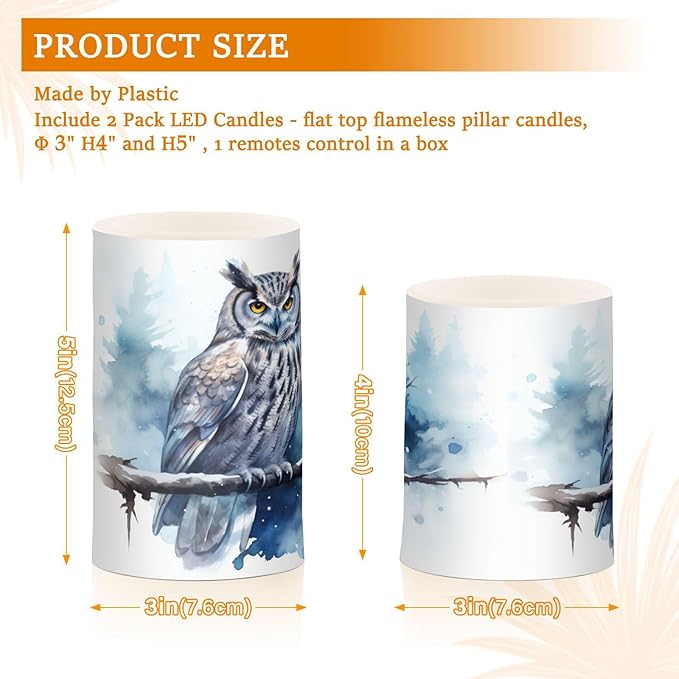 Flickering Flameless Candles, Owl on Tree LED Candles with Remote Timer, Set of 2 Battery Operated Candle for Valentine Wedding Birthday-VerdiqueGarden