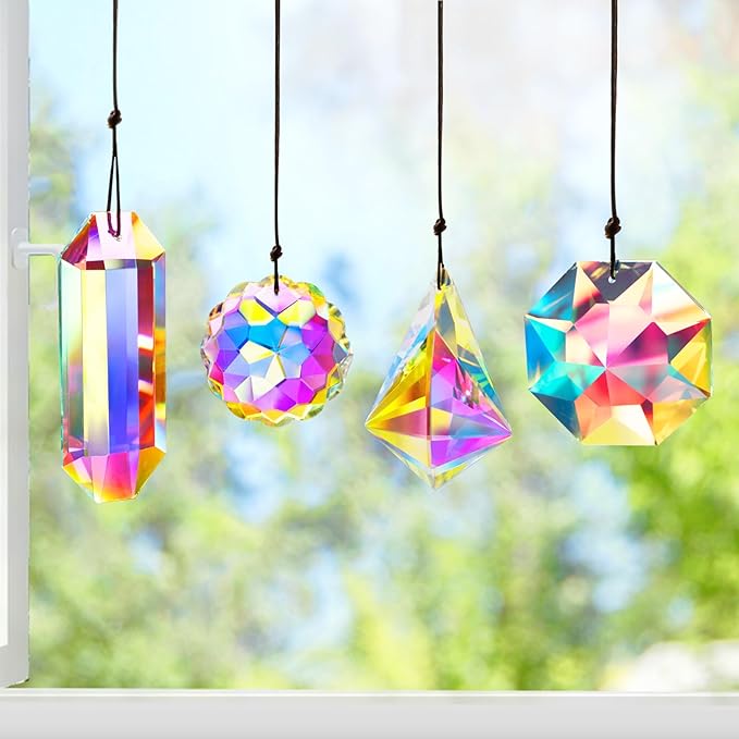 4PCS Colorful Crystal Prism Suncatcher Hanging Crystal Ornament for Window Sun Catchers Feng Shui Decor for Indoor Outdoor Home Garden Decoration-VerdiqueGarden
