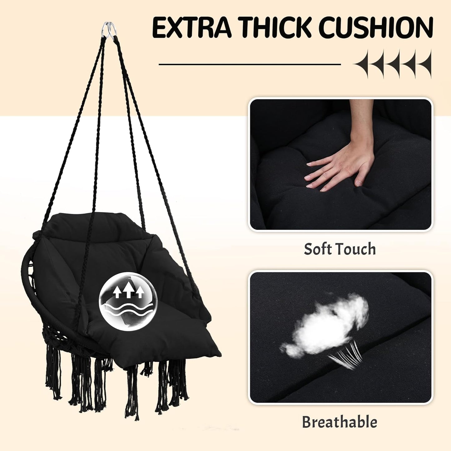 Macrame Hammock Hanging Swinging Chair with Oversized Cushion, Perfect for Bedroom, Porch, Kids, Adults, Balcony, Black-VerdiqueGarden