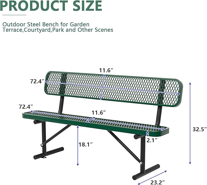 Heavy Duty Park Bench with Back Portable Frame, Outdoor Steel Bench with Backrest, Outdoor Park Bench Expanded Metal Mesh Bench for Lawn, Park, Deck, Garden, Patio, Porch, Black (Green, 6FT)-VerdiqueGarden